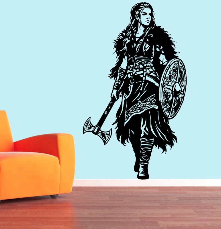 46395 Wikinger-Maid mit Schild und Axt Wandtattoo blaue Wand-braunes Sofa Mein-Motiv-de